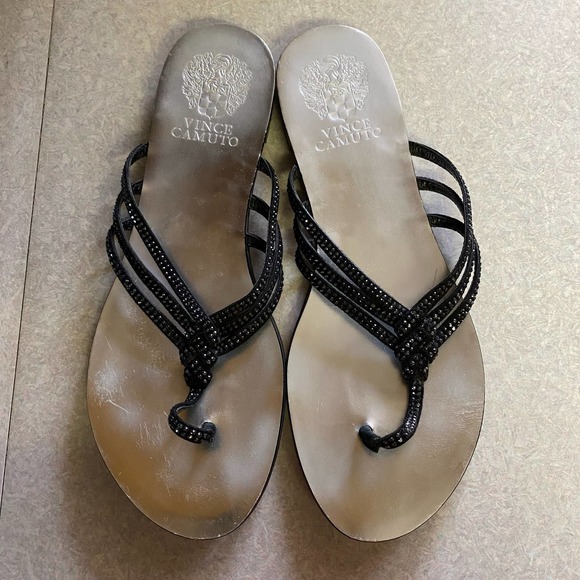 Vince Camuto Black Rhinestone Thin Strappy Coastal Modest Vacation Resort Fli… - Picture 1 of 7